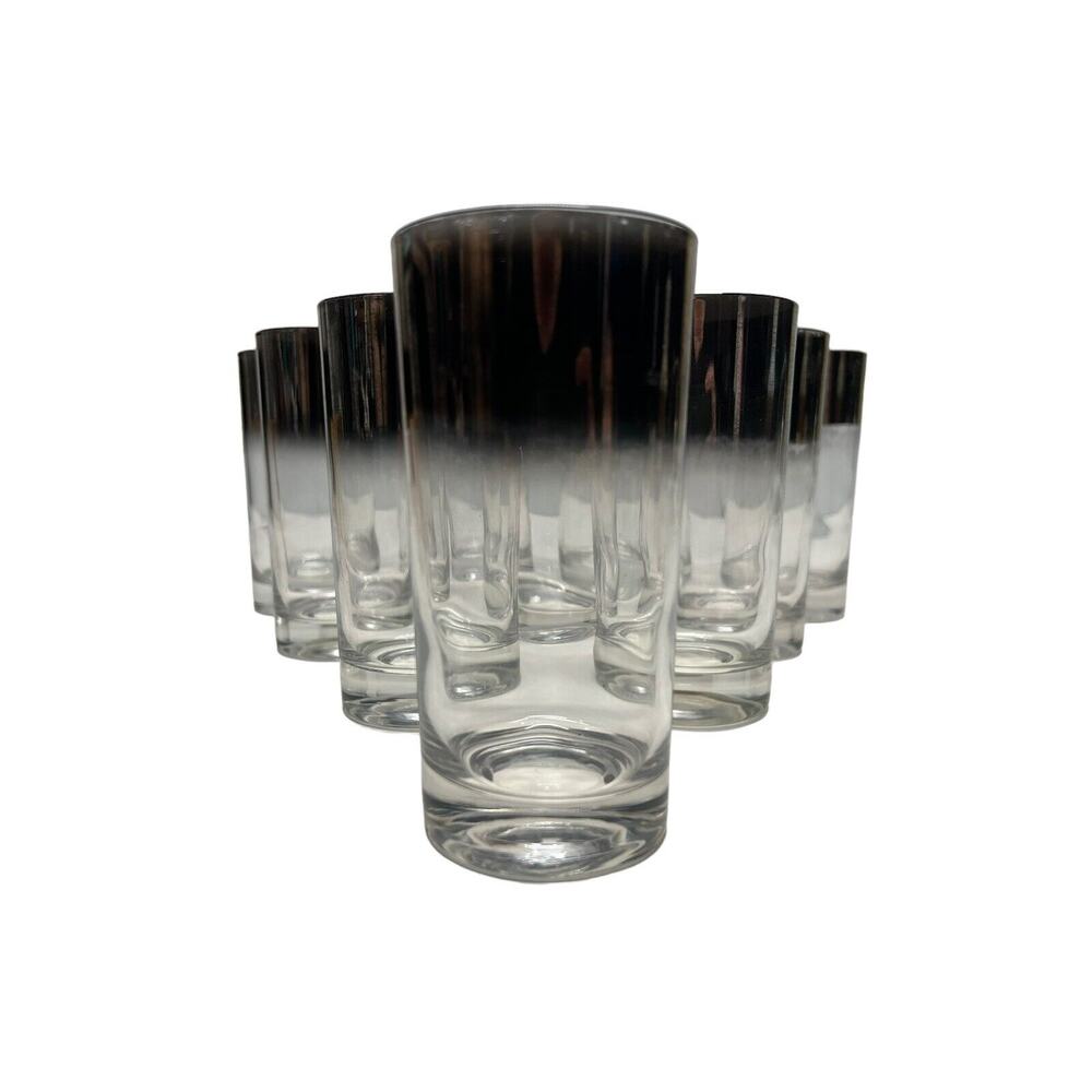 Vtg Vitreon Queen's Lusterware Silver Ombre Highball Glass Set of 10 MCM